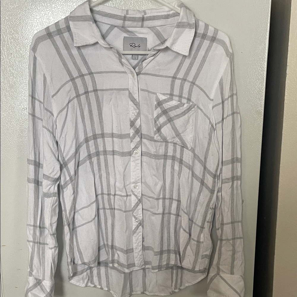Rails Large 100% Rayon Hunter White‎ Fog Checkered Button Down Long Sleeve Shirt
